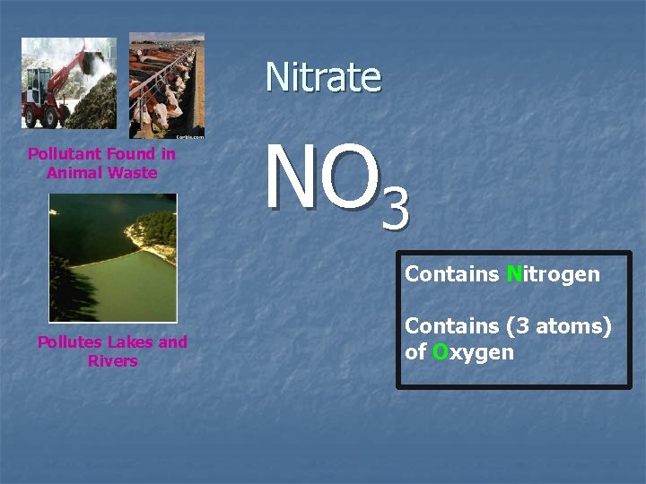 Nitrate Pollutant Found in Animal Waste NO 3 Contains Nitrogen Pollutes Lakes and Rivers