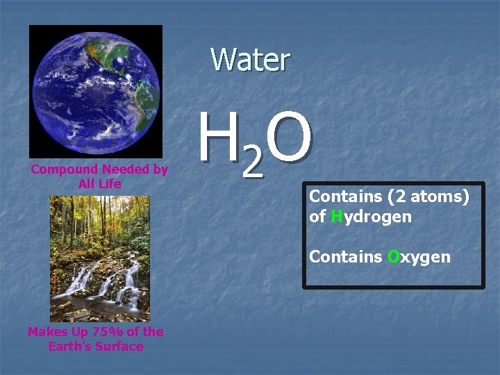 Water Compound Needed by All Life H 2 O Contains (2 atoms) of Hydrogen