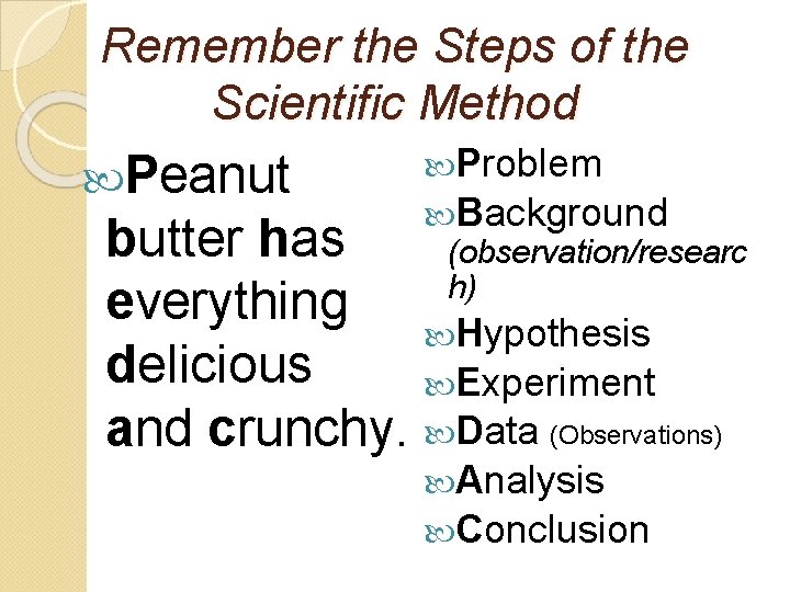 Remember the Steps of the Scientific Method Peanut Problem Background (observation/researc h) Hypothesis butter