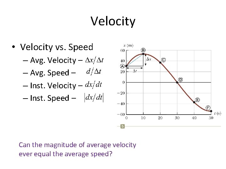 Velocity • Velocity vs. Speed – Avg. Velocity – – Avg. Speed – –