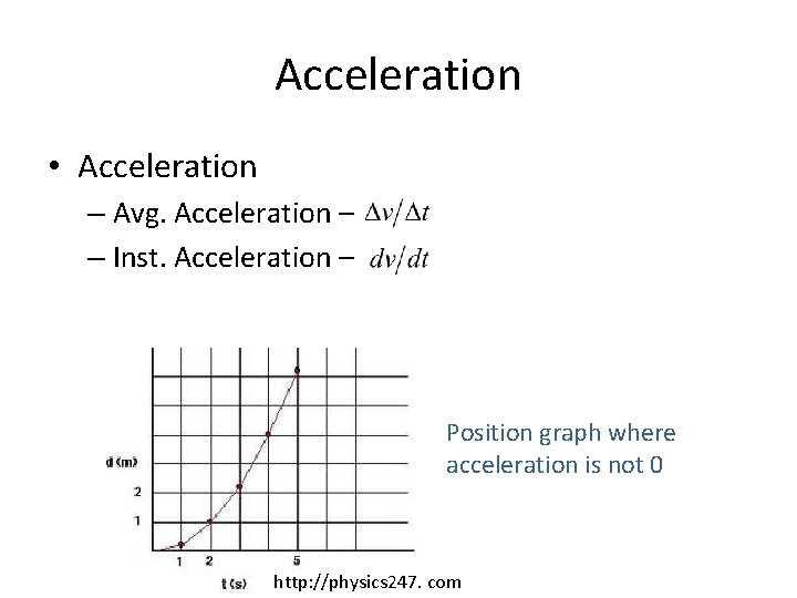 Acceleration • Acceleration – Avg. Acceleration – – Inst. Acceleration – Position graph where