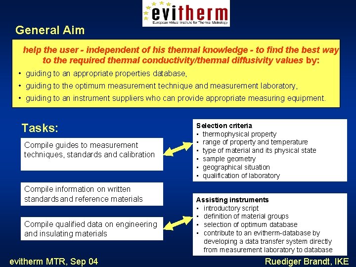 General Aim help the user - independent of his thermal knowledge - to find