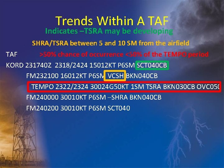 Trends Within A TAF Indicates –TSRA may be developing SHRA/TSRA between 5 and 10