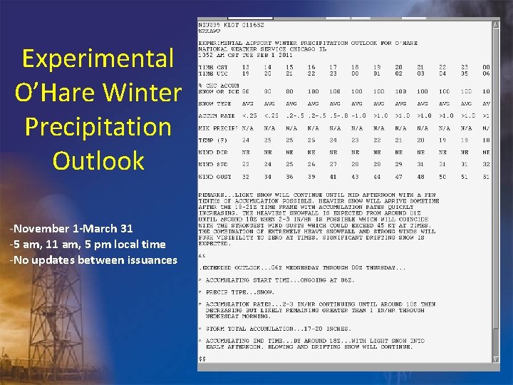 Experimental O’Hare Winter Precipitation Outlook -November 1 -March 31 -5 am, 11 am, 5