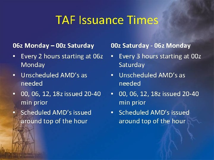 TAF Issuance Times 06 z Monday – 00 z Saturday - 06 z Monday