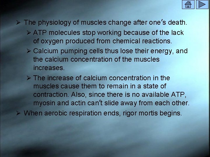 Ø The physiology of muscles change after one’s death. Ø ATP molecules stop working