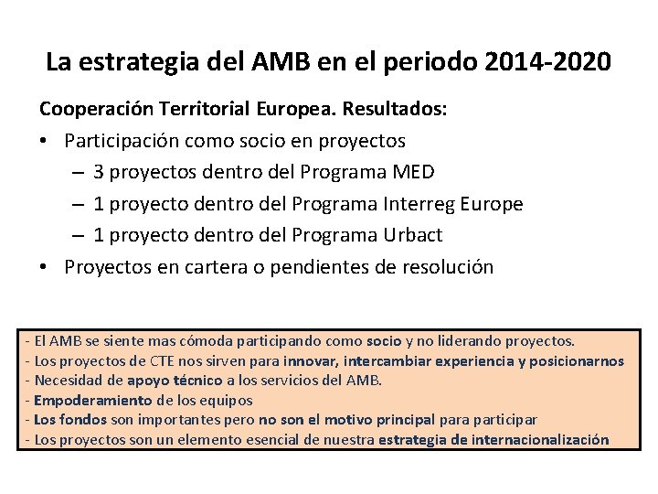 La estrategia del AMB en el periodo 2014 -2020 Cooperación Territorial Europea. Resultados: •