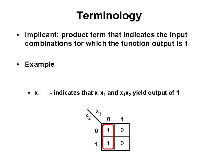 Terminology • Implicant: product term that indicates the input combinations for which the function