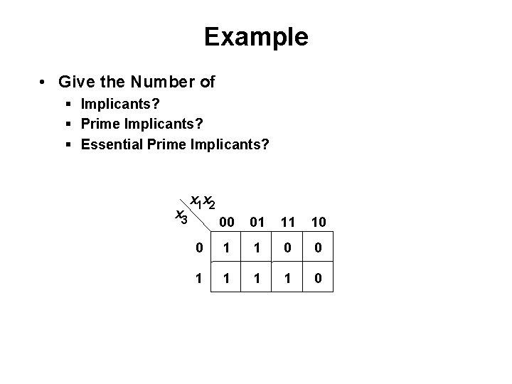 Example • Give the Number of § Implicants? § Prime Implicants? § Essential Prime