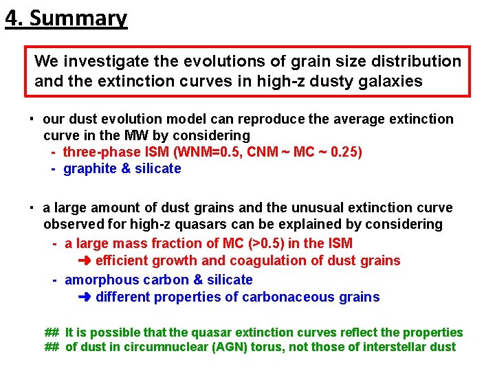4. Summary We investigate the evolutions of grain size distribution and the extinction curves