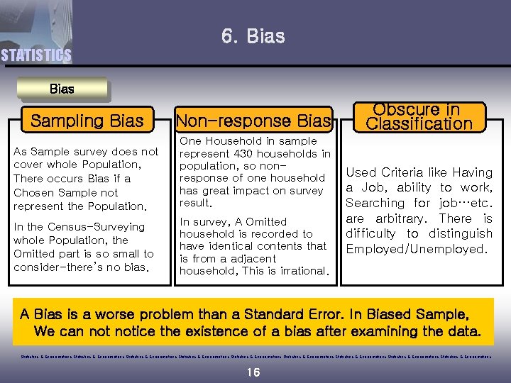 6. Bias STATISTICS Bias Sampling Bias Non-response Bias As Sample survey does not cover