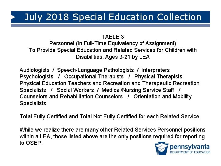 July 2018 Special Education Collection TABLE 3 Personnel (In Full-Time Equivalency of Assignment) To