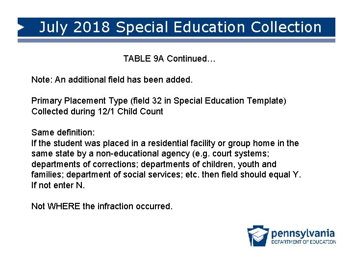 July 2018 Special Education Collection TABLE 9 A Continued… Note: An additional field has