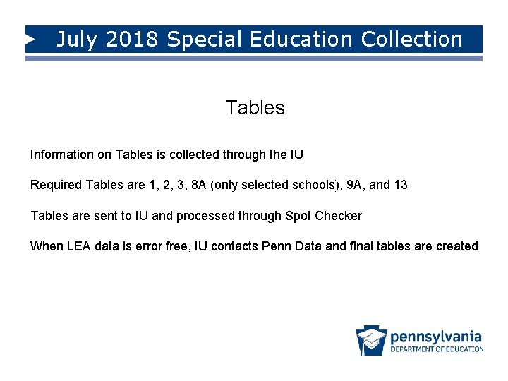 July 2018 Special Education Collection Tables Information on Tables is collected through the IU