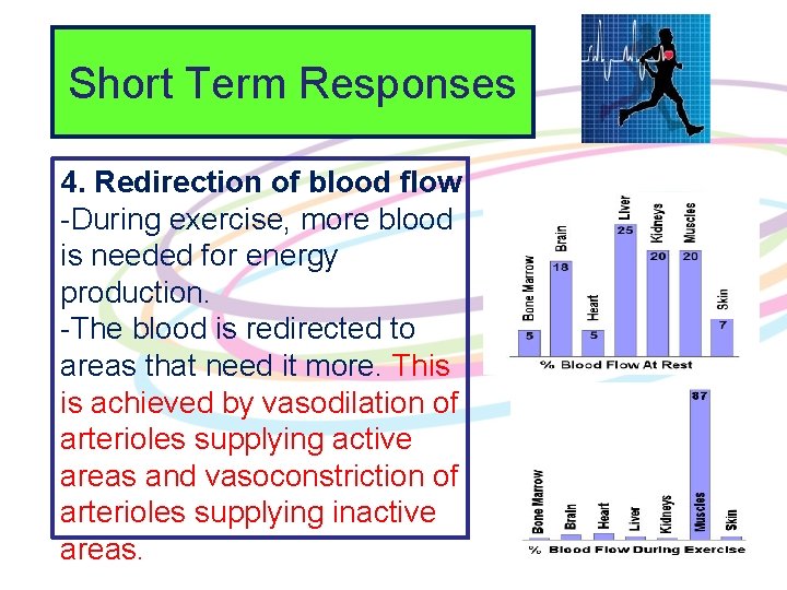 Short Term Responses 4. Redirection of blood flow -During exercise, more blood is needed