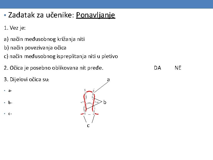  • Zadatak za učenike: Ponavljanje 1. Vez je: a) način međusobnog križanja niti