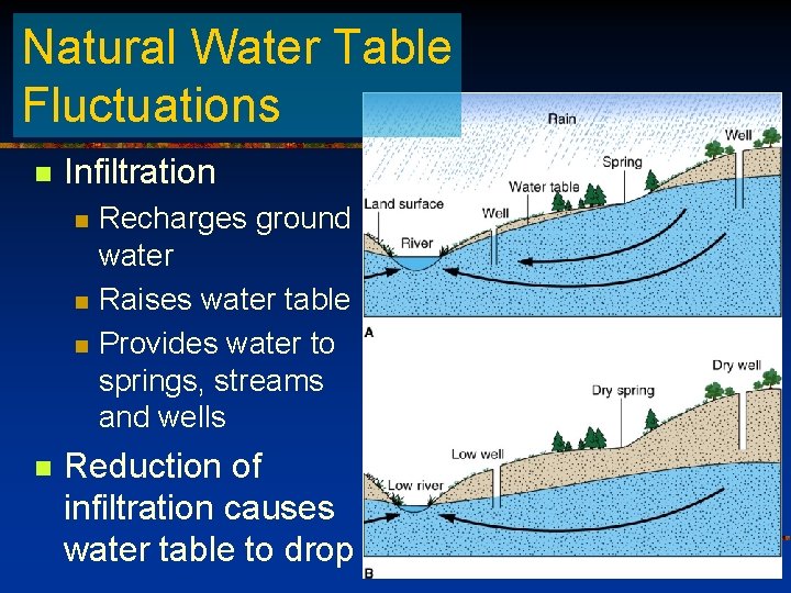 Natural Water Table Fluctuations n Infiltration n n Recharges ground water Raises water table