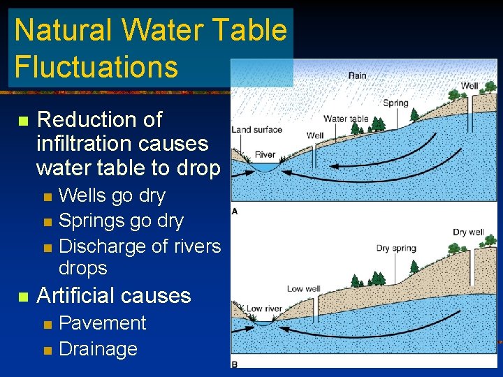 Natural Water Table Fluctuations n Reduction of infiltration causes water table to drop n