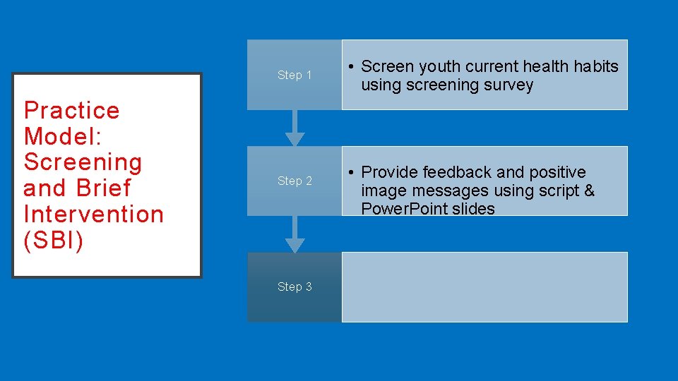 Step 1 Practice Model: Screening and Brief Intervention (SBI) Step 2 Step 3 •