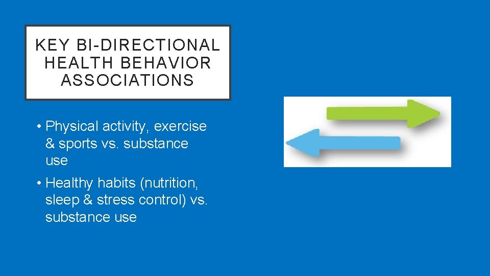 KEY BI-DIRECTIONAL HEALTH BEHAVIOR ASSOCIATIONS • Physical activity, exercise & sports vs. substance use