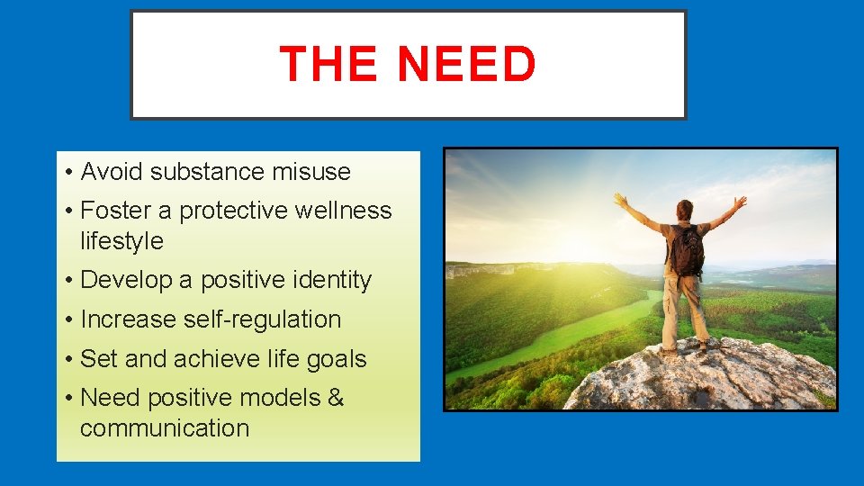 THE NEED • Avoid substance misuse • Foster a protective wellness lifestyle • Develop