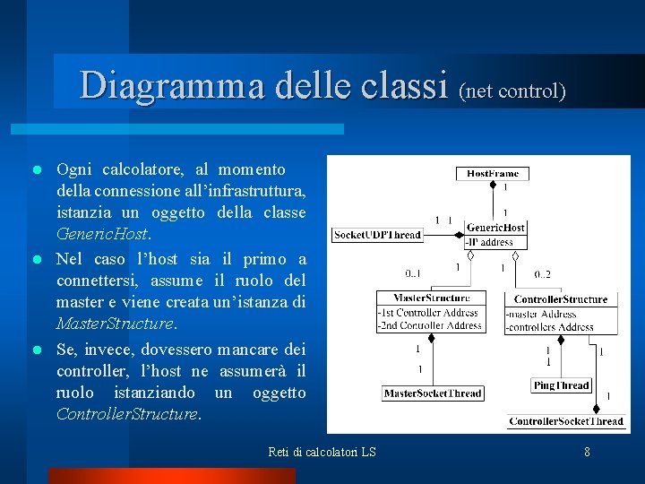 Diagramma delle classi (net control) Ogni calcolatore, al momento della connessione all’infrastruttura, istanzia un