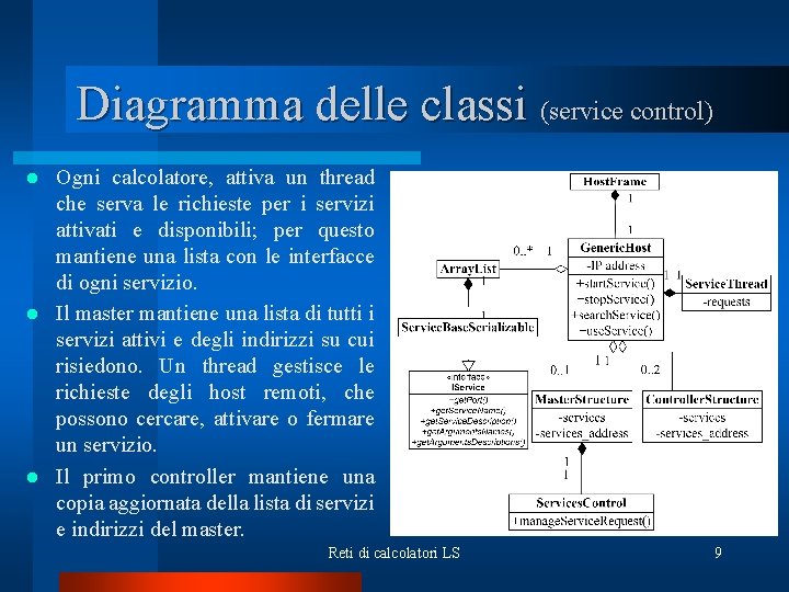 Diagramma delle classi (service control) Ogni calcolatore, attiva un thread che serva le richieste