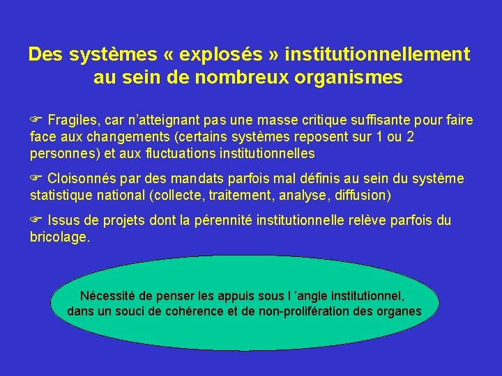 Des systèmes « explosés » institutionnellement au sein de nombreux organismes F Fragiles, car