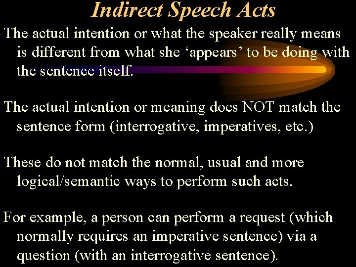 Indirect Speech Acts The actual intention or what the speaker really means is different