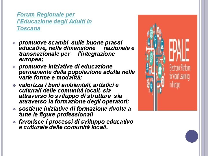 Forum Regionale per l’Educazione degli Adulti in Toscana v v v promuove scambi sulle