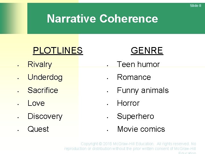 Slide 8 Narrative Coherence PLOTLINES GENRE • Rivalry • Teen humor • Underdog •