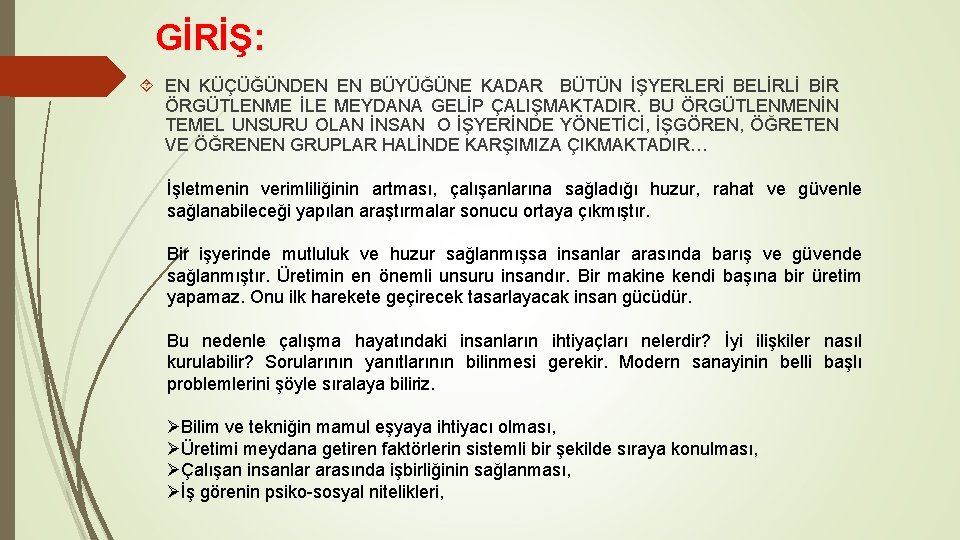 GİRİŞ: EN KÜÇÜĞÜNDEN EN BÜYÜĞÜNE KADAR BÜTÜN İŞYERLERİ BELİRLİ BİR ÖRGÜTLENME İLE MEYDANA GELİP GİRİŞ: EN KÜÇÜĞÜNDEN EN BÜYÜĞÜNE KADAR BÜTÜN İŞYERLERİ BELİRLİ BİR ÖRGÜTLENME İLE MEYDANA GELİP