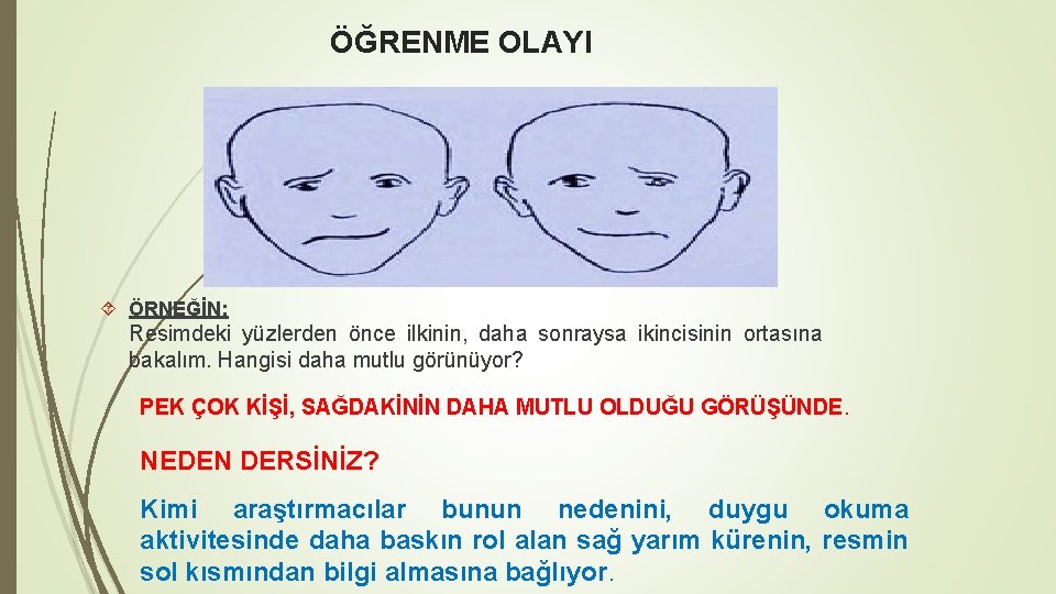 ÖĞRENME OLAYI ÖRNEĞİN; Resimdeki yüzlerden önce ilkinin, daha sonraysa ikincisinin ortasına bakalım. Hangisi daha