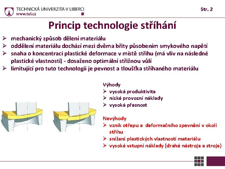 Str. 2 Princip technologie stříhání Ø mechanický způsob dělení materiálu Ø oddělení materiálu dochází