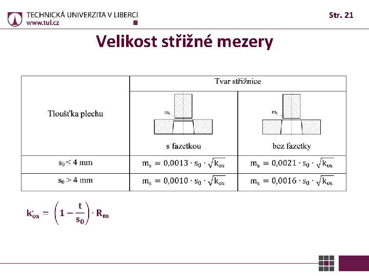 Str. 21 Velikost střižné mezery 