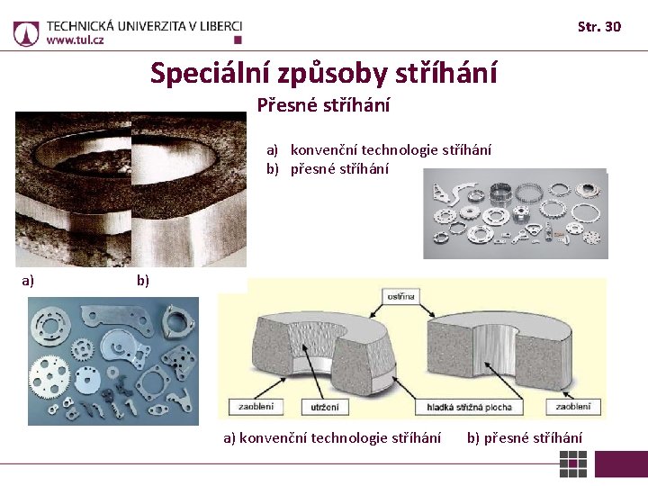 Str. 30 Speciální způsoby stříhání Přesné stříhání a) konvenční technologie stříhání b) přesné stříhání