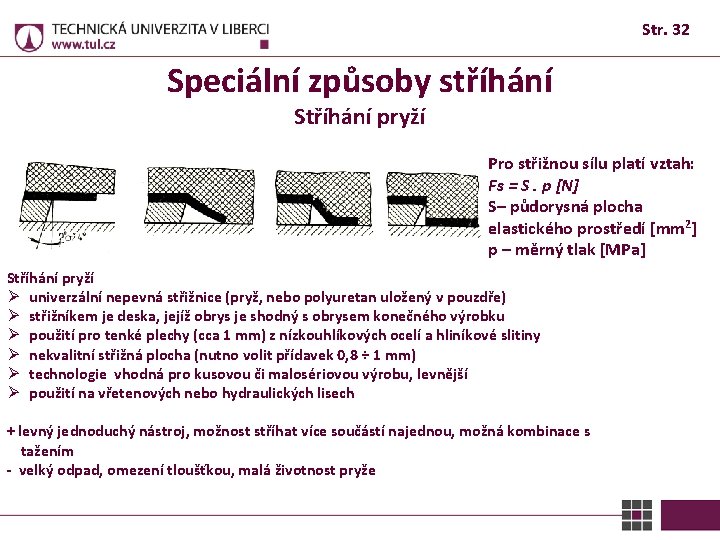 Str. 32 Speciální způsoby stříhání Stříhání pryží Pro střižnou sílu platí vztah: Fs =