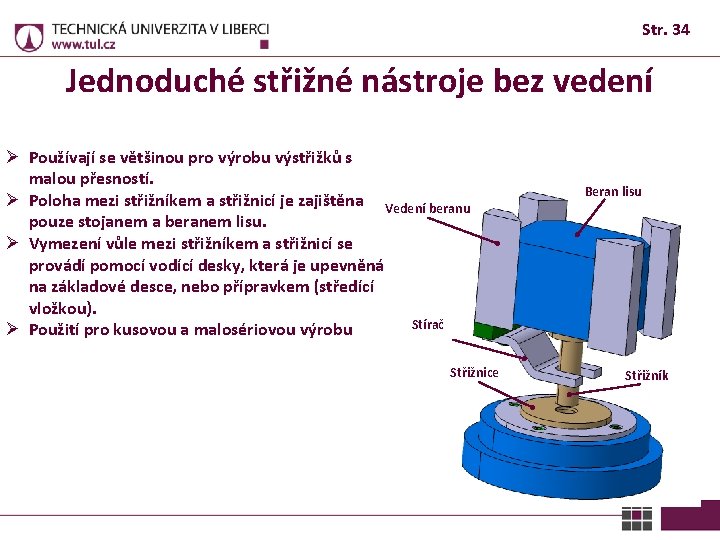 Str. 34 Jednoduché střižné nástroje bez vedení Ø Používají se většinou pro výrobu výstřižků