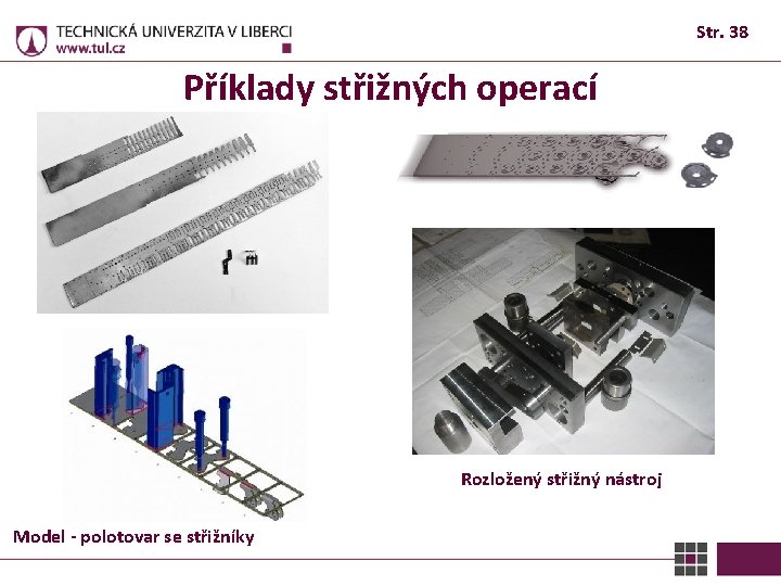 Str. 38 Příklady střižných operací Rozložený střižný nástroj Model - polotovar se střižníky 