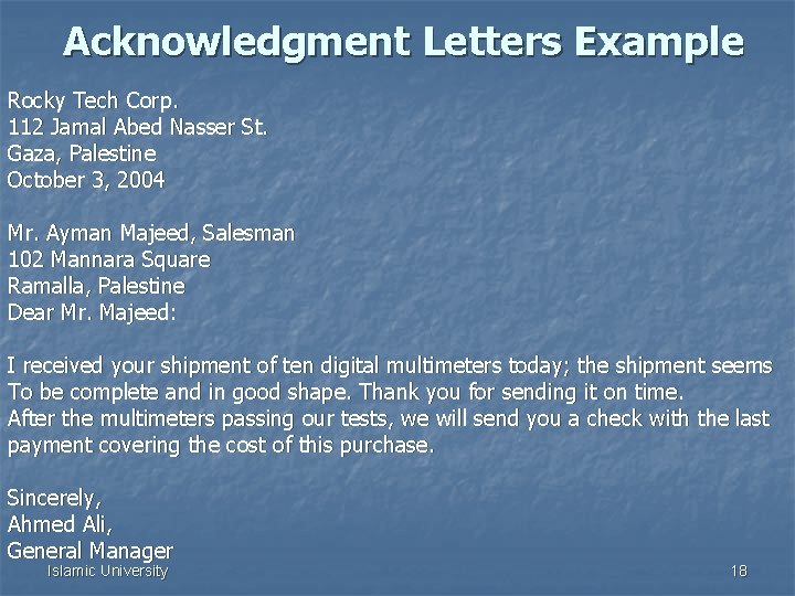 Acknowledgment Letters Example Rocky Tech Corp. 112 Jamal Abed Nasser St. Gaza, Palestine October