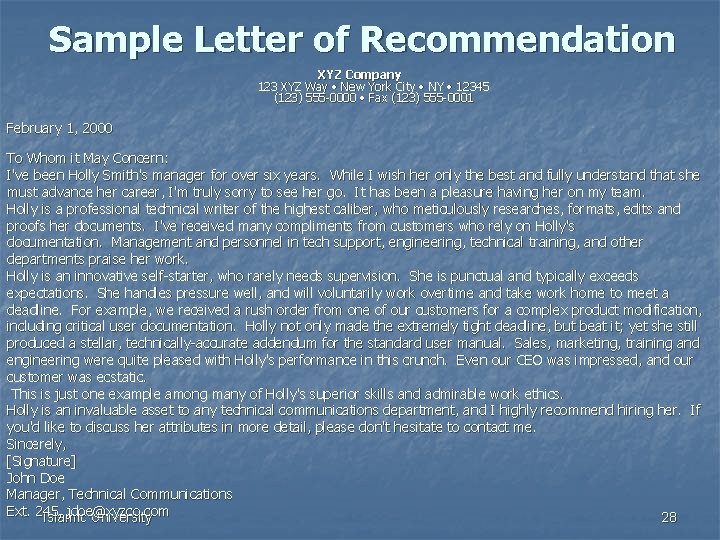 Sample Letter of Recommendation XYZ Company 123 XYZ Way • New York City •