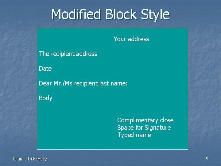 Modified Block Style Your address The recipient address Date Dear Mr. /Ms recipient last