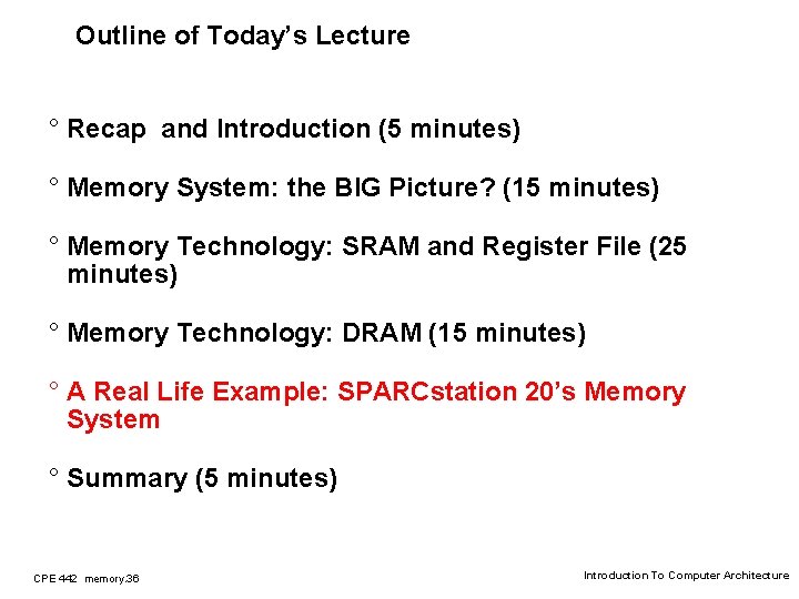 Outline of Today’s Lecture ° Recap and Introduction (5 minutes) ° Memory System: the