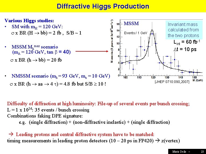 Diffractive Higgs Production Various Higgs studies: • SM with m. H = 120 Ge.