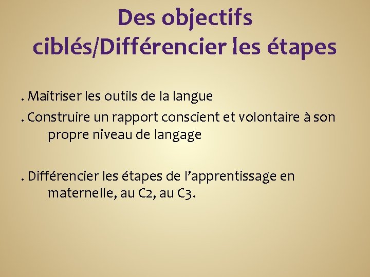 Des objectifs ciblés/Différencier les étapes. Maitriser les outils de la langue. Construire un rapport