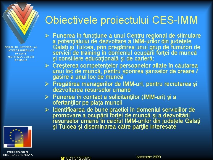 Obiectivele proiectului CES-IMM CONSILIUL NATIONAL AL INTREPRINDERILOR PRIVATE MICI SI MIJLOCII DIN ROMANIA Proiect