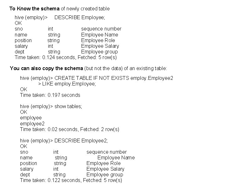 To Know the schema of newly created table hive (employ)> DESCRIBE Employee; OK sno