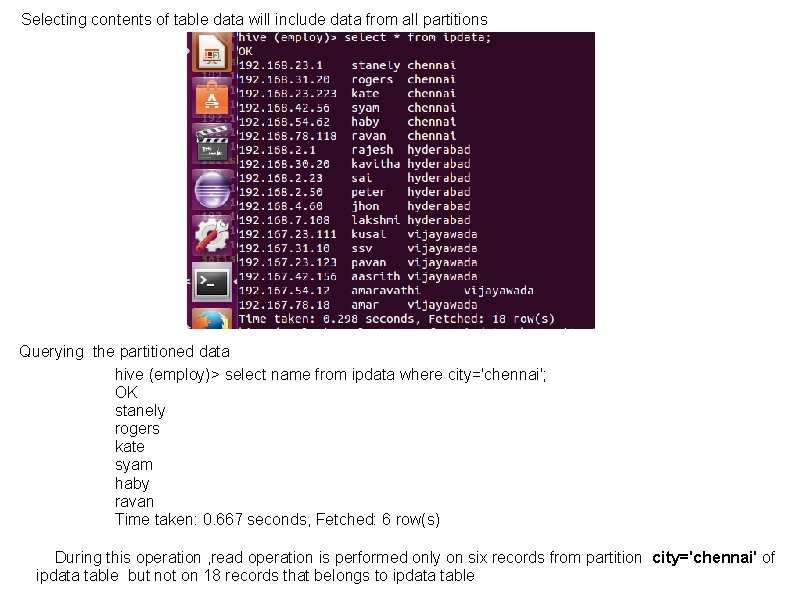 Selecting contents of table data will include data from all partitions Querying the partitioned