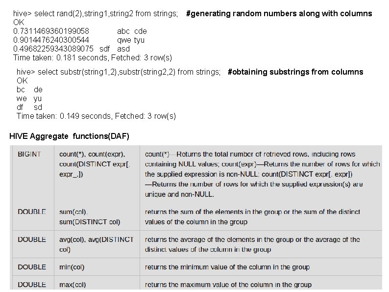 hive> select rand(2), string 1, string 2 from strings; #generating random numbers along with