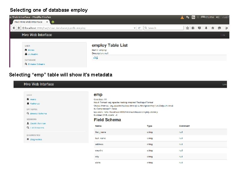 Selecting one of database employ Selecting “emp” table will show it's metadata 